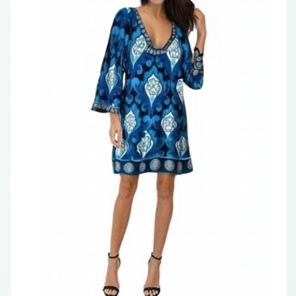 Laundry by Shelli Segal Blue Print Shift Dress Jersey Knit Bell Sleeve S… - Picture 1 of 8